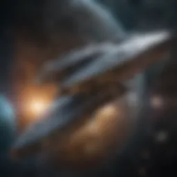 A detailed view of a Starfleet starship in a cosmic setting