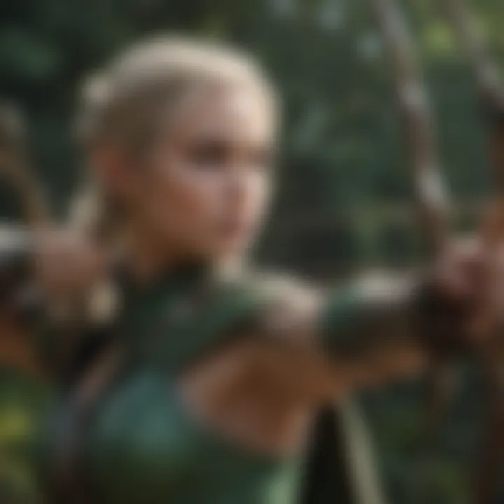 Elven archer aiming an arrow in a mystical elven city