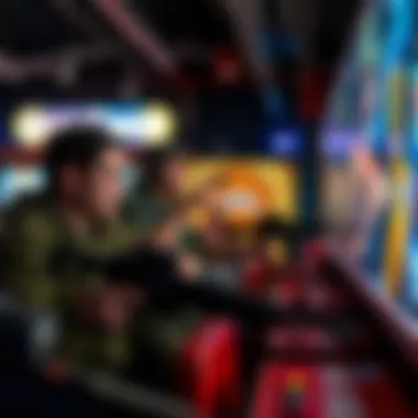 A group of friends enjoying a competitive game at a gun arcade