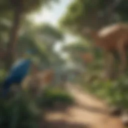 A vibrant digital zoo landscape showcasing various animal habitats.