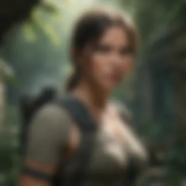 Enigmatic Lara Croft character in the midst of jungle ruins