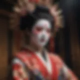 Elegant Japanese Kabuki performer in elaborate costume performing on stage