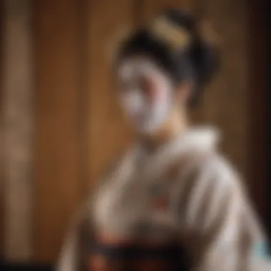 Traditional Japanese Noh theater performer wearing elegant silk kimono and wooden mask