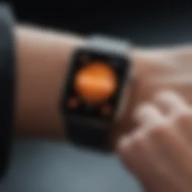 A sleek Apple Watch displaying an animated game-inspired interface