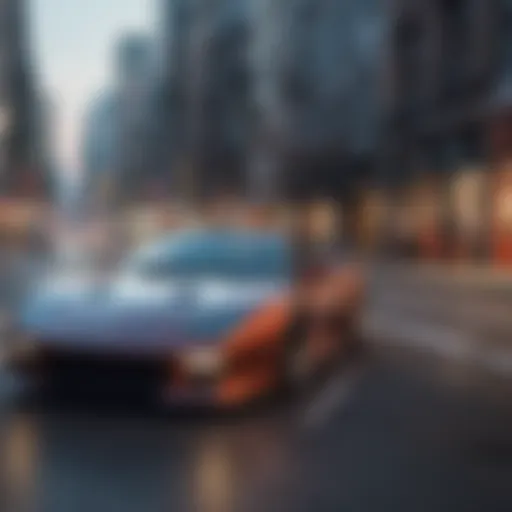 Sleek sports car racing down a city street