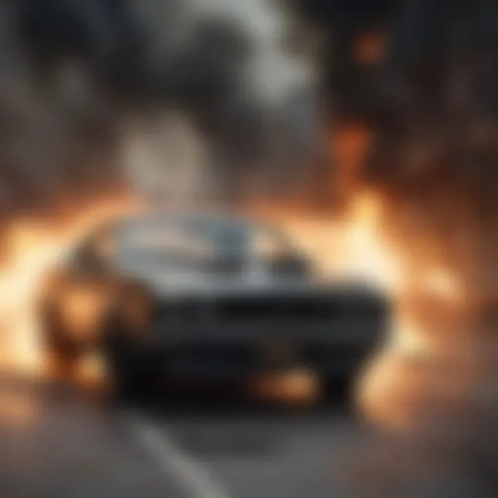 Explosive action scene with cars crashing and flames erupting