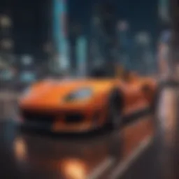 Sleek futuristic racing car speeding through neon-lit cityscape