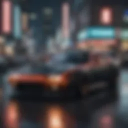 Sleek sports car drifting in neon-lit cityscape