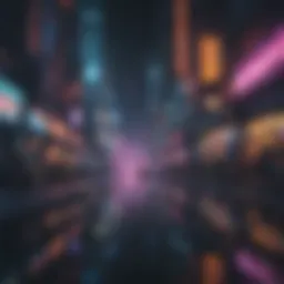 Futuristic cityscape with neon lights reflecting on water