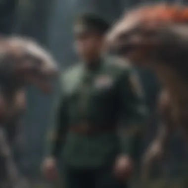 Character in Military Uniform Facing Fantasy Creatures