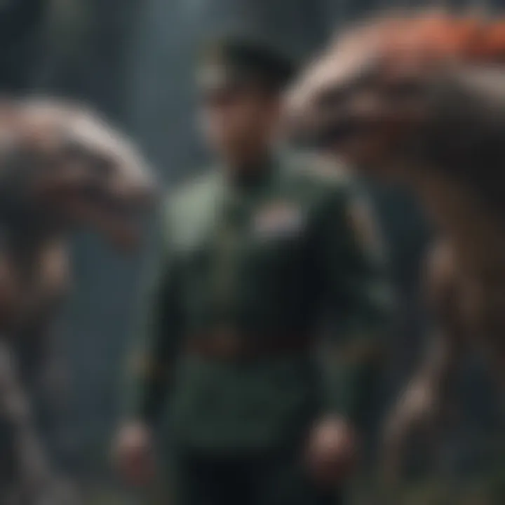 Character in Military Uniform Facing Fantasy Creatures