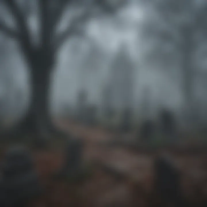 Gloomy graveyard with eerie fog enveloping old tombstones