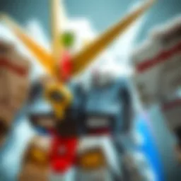 A detailed view of a Gundam model showcasing intricate designs and craftsmanship