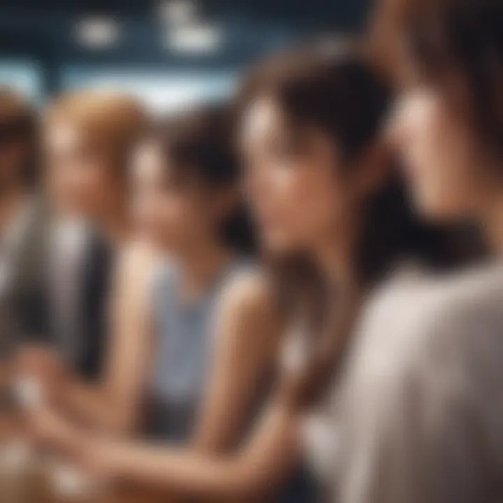 A diverse group of aspiring voice actors networking at an event