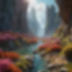 A vibrant landscape showcasing a unique fantasy world with diverse terrains