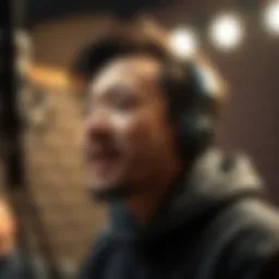 A voice actor immersed in a recording session, showcasing emotional expression.