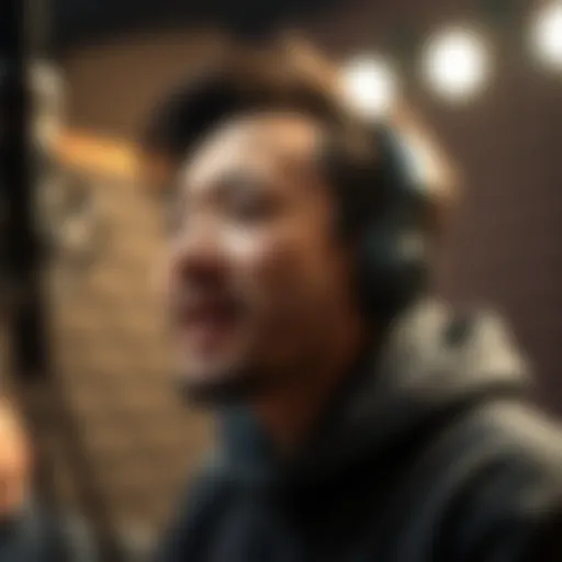 A voice actor immersed in a recording session, showcasing emotional expression.