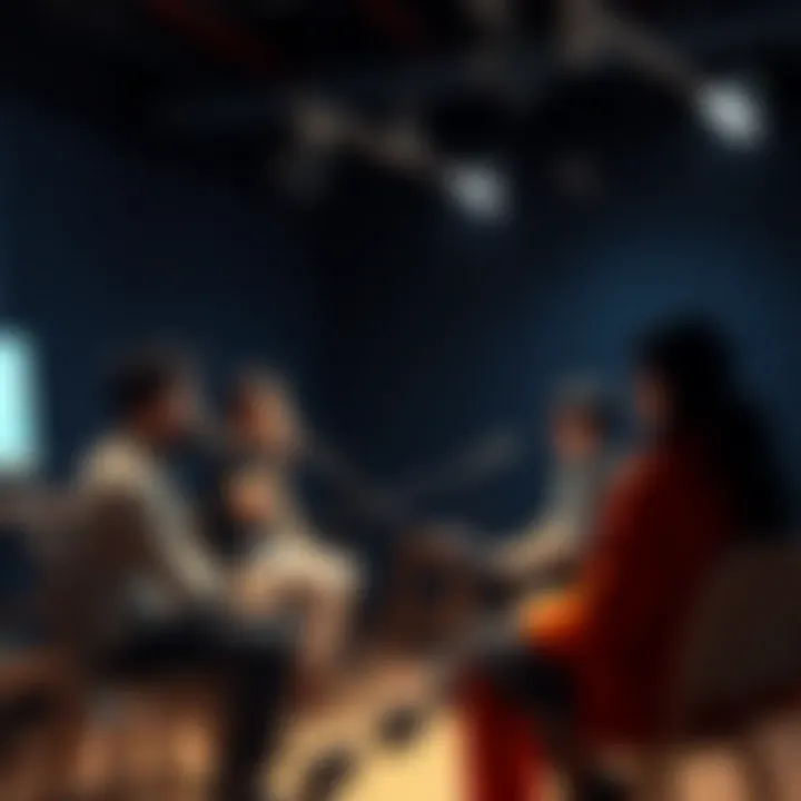 A group of voice actors collaborating in a studio environment.