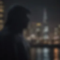 Enigmatic silhouette of a figure against a backdrop of city lights