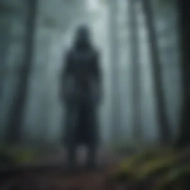 Mysterious figure in foggy forest