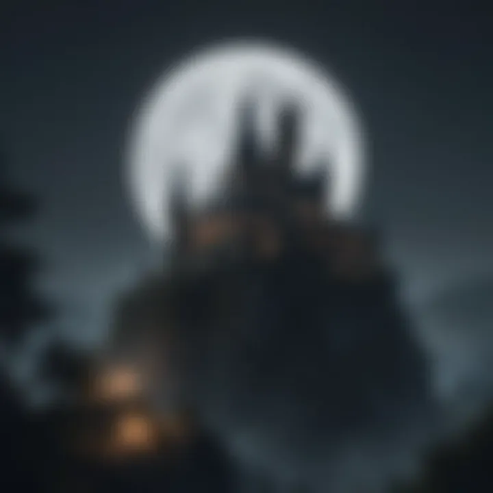 Mystical castle silhouette against full moon backdrop