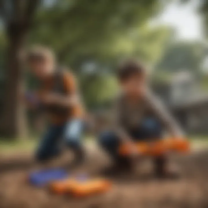 An engaging scene of children playing with Nerf guns outdoors, emphasizing fun and safety.