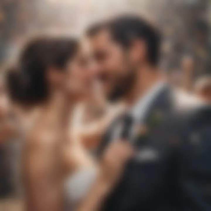 Joyful newlyweds sharing a kiss under a shower of confetti