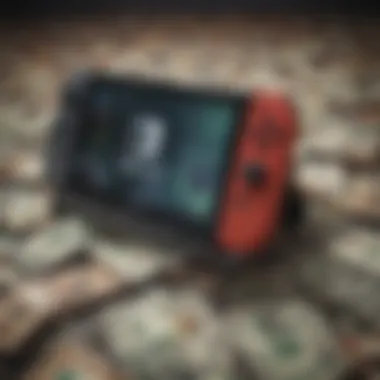 Nintendo Switch surrounded by virtual money symbols