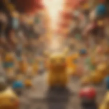 Pikachu surrounded by diverse Pokémon characters against a vibrant backdrop