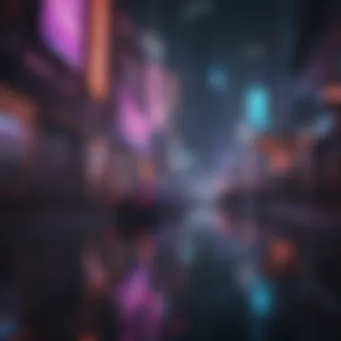 Futuristic cityscape with neon lights reflected on water