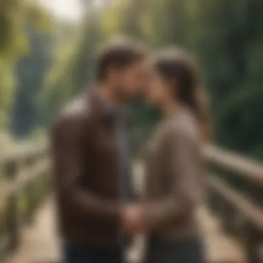 A tender kiss shared between partners on a rustic bridge