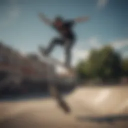 Skateboarder performing a mid-air kickflip trick