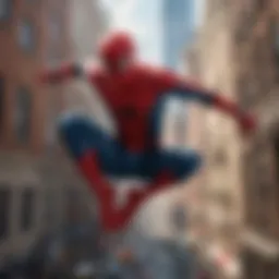 The iconic Spider-Man swinging through the cityscape