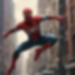 Abstract depiction of Spider-Man swinging through the cityscape