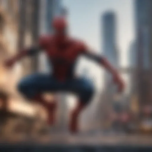 Dynamic Spiderman silhouette against cityscape