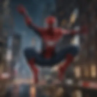 Spider-Man swinging through cityscape at night