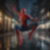 Spiderman swinging through city at night