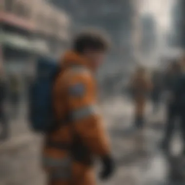 Assessing a Disaster Scene An intense moment where heroes assess a disaster scene