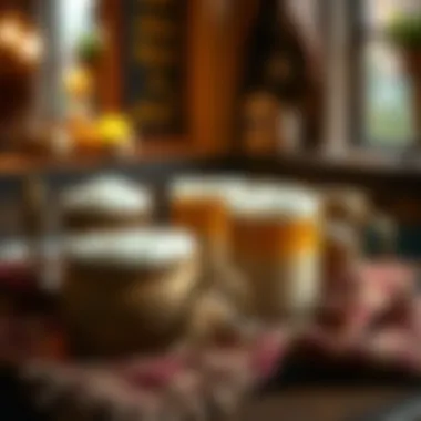 The Cozy Charm of Butterbeer An artistic arrangement of Butterbeer served in rustic mugs, evoking the cozy atmosphere of the Three Broomsticks.