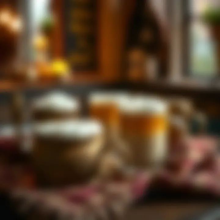The Cozy Charm of Butterbeer An artistic arrangement of Butterbeer served in rustic mugs, evoking the cozy atmosphere of the Three Broomsticks.