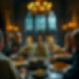 A richly detailed depiction of a feast at Hogwarts, showcasing traditional British dishes alongside magical delicacies.