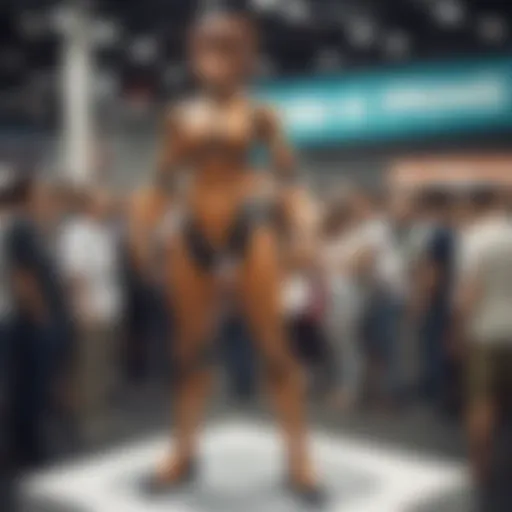 A stunning giant anime figure displayed at a convention, surrounded by fans admiring its craftsmanship.