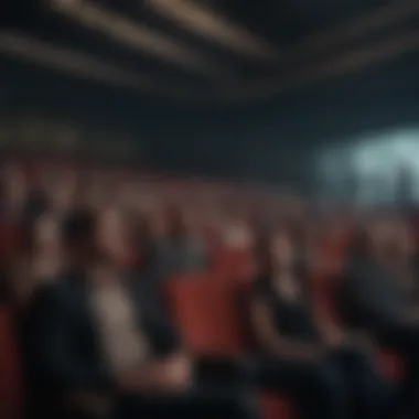 A darkened theater showcasing an audience captivated by a horror film