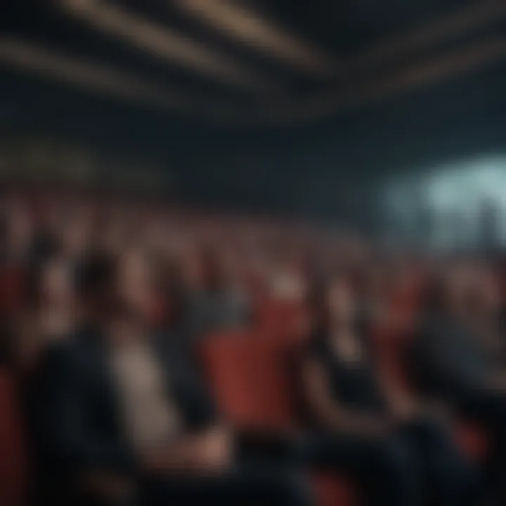 A darkened theater showcasing an audience captivated by a horror film
