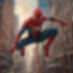 A comic panel depicting Spider-Man swinging through the city skyline, symbolizing freedom and responsibility.