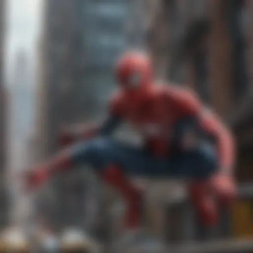 Spider-Man web-slinging through a cityscape