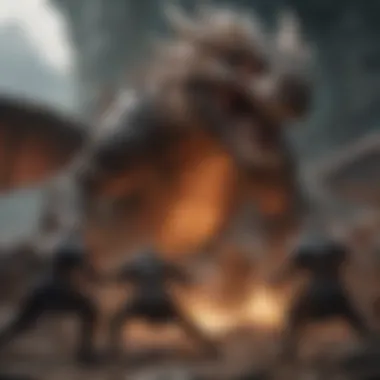 Epic battle scene with dragons and warriors in action