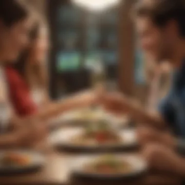 Close-up of friends exchanging smiles over a shared meal