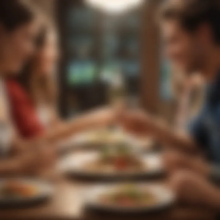 Close-up of friends exchanging smiles over a shared meal