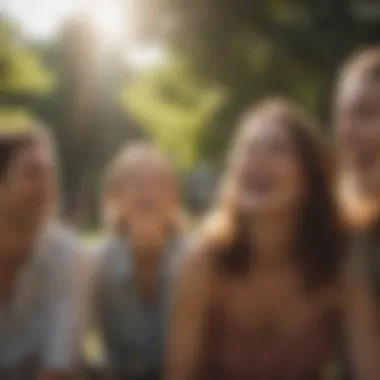 A group of friends laughing together in a sunlit park